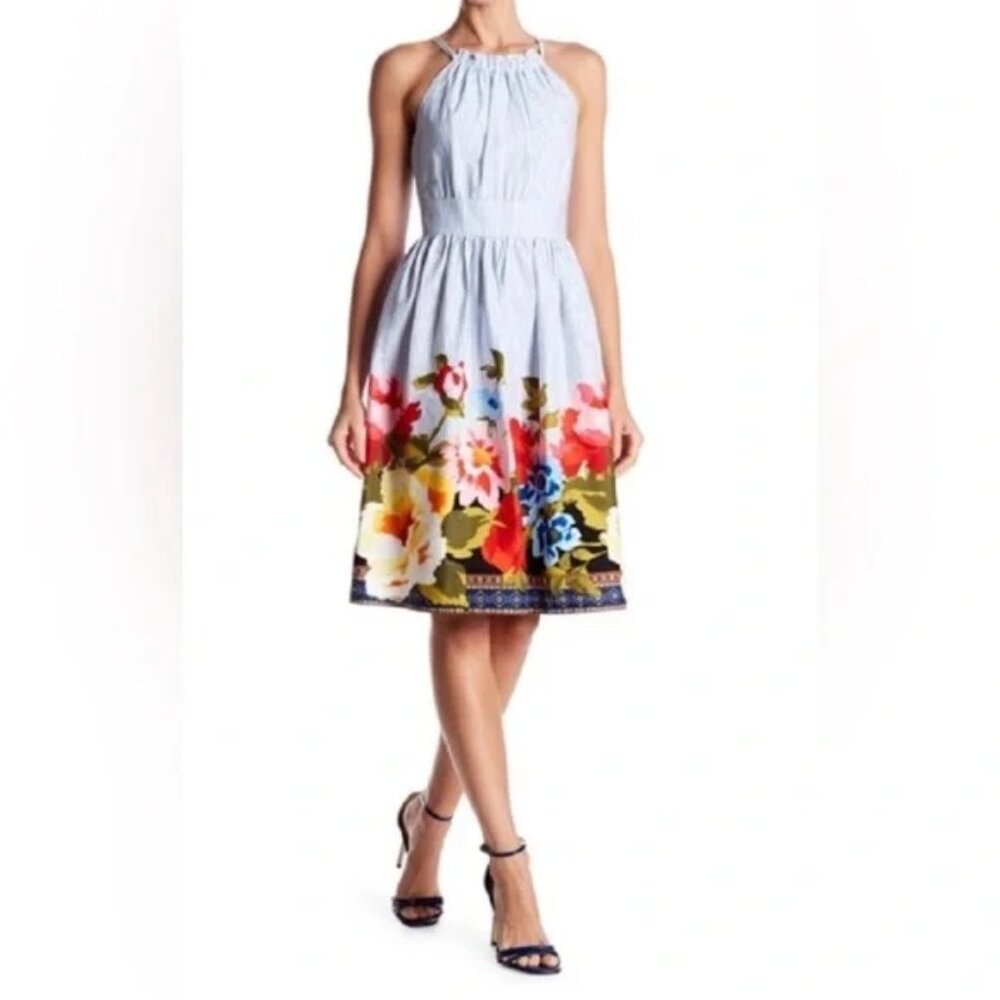 VINCE CAMUTO Blue/White Stripe Floral Halter Dress Size 14 (M/L)